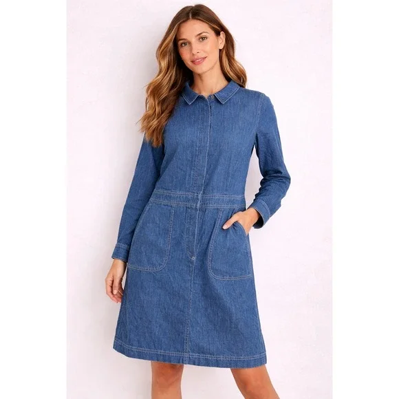 Boden Denim Shirt Dress Blue Cotton Long Sleeve Minimalist Preppy Size 8R Casual - Picture 1 of 14